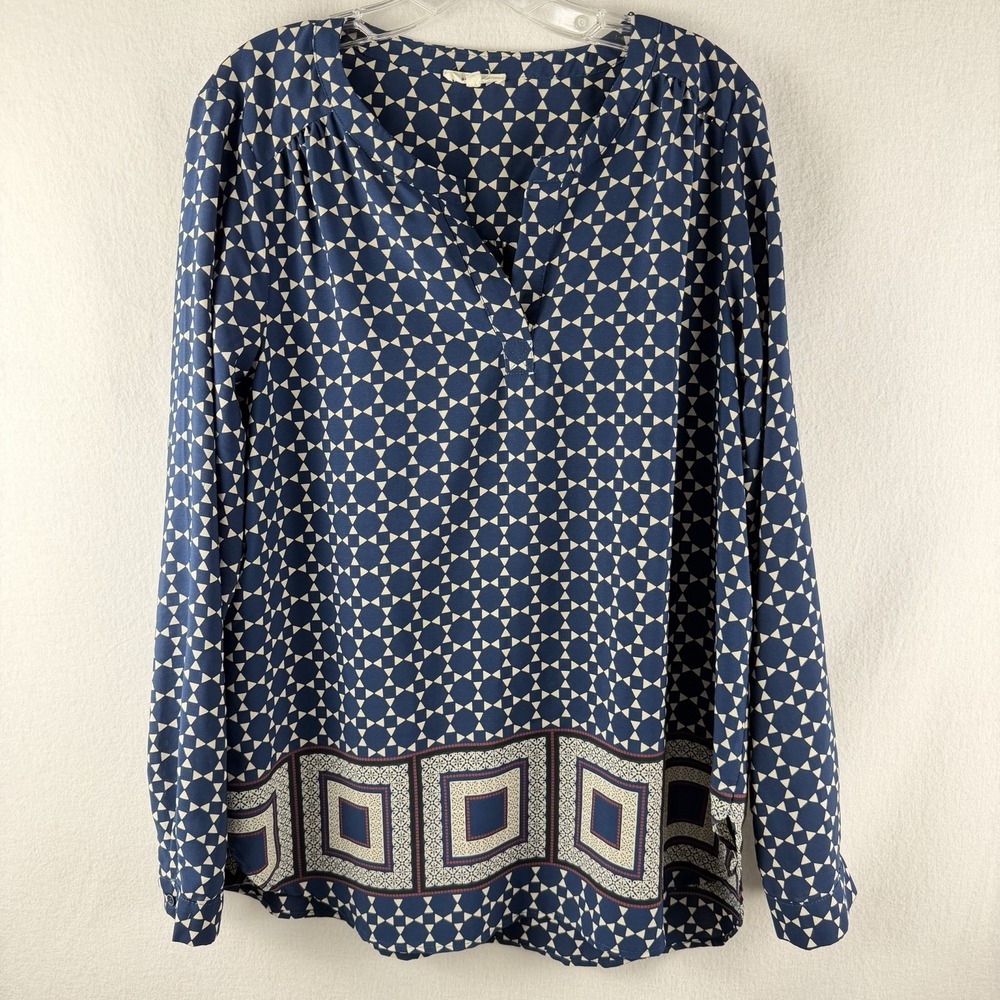 Pleione Anthropologie Blouse Sz XL‎ Navy Geometric Print Career Office Relaxed